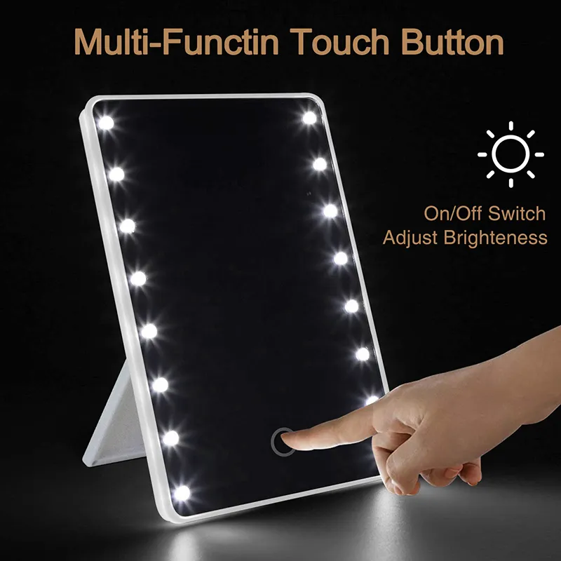 Specchio per il trucco con 16 LED Specchio cosmetico con interruttore dimmer tattile Supporto a batteria per viaggi in bagno da tavolo