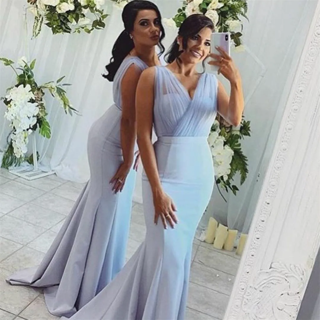 2020 azul cielo sirena vestidos de dama de honor de talla grande con cuello en V vestido de dama de Honor personalizar fiesta vestidos de graduación baratos