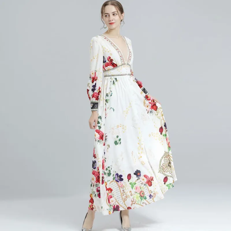 Runway-jurken voor dames, sexy lage v-hals, lange mouwen, split vooraan, bloemenprint, high street fashion, lange designerjurken237R