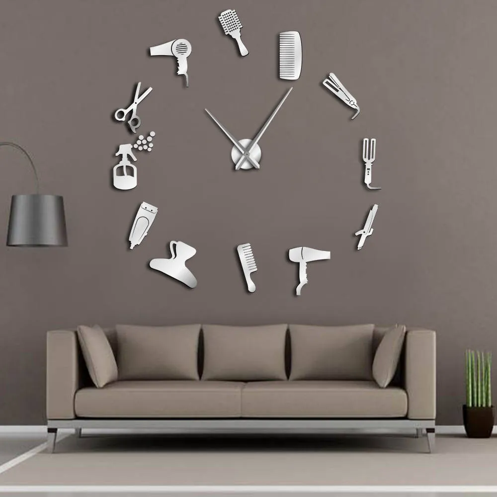 Diy Barber Shop Giant Wall Clock med spegel Effekt Barber Toolkits Dekorativ Framlös Klocka Frisör Barber Vägg Konst Decor LJ201204