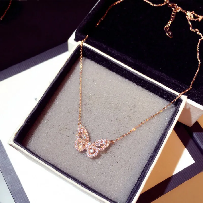 Ins Fashion Zircon Butterfly Necklace Bling CZ Rose Gold Animal Charm Pendant Statement Necklaces Exquisite Jewelry Bijoux for Women Girls