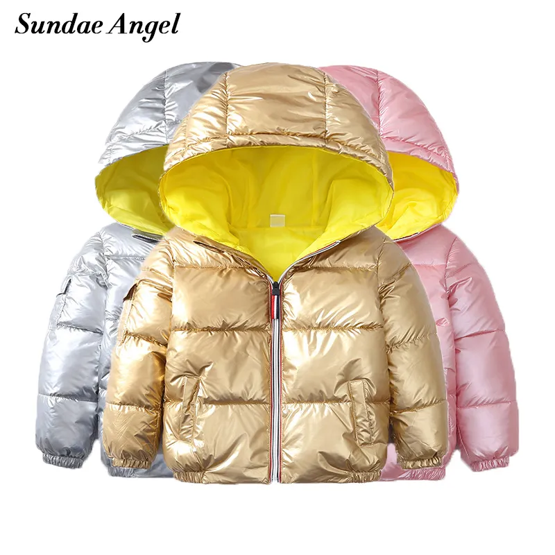Sundae Angel Winter Jacket Ragazzi Gold Glossy Hooded Warm Girl Parka Coat Solid Bambini Giù Giacca imbottita in cotone Capispalla LJ201017