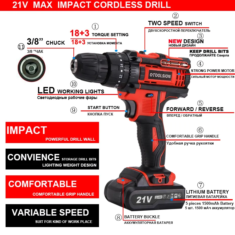 21V Dual Speed Impact Cordless Screwdriver Small Drill Electric Tools Hammer Drill Screwdriver Hammer Cordless Drill+Handbag Bag