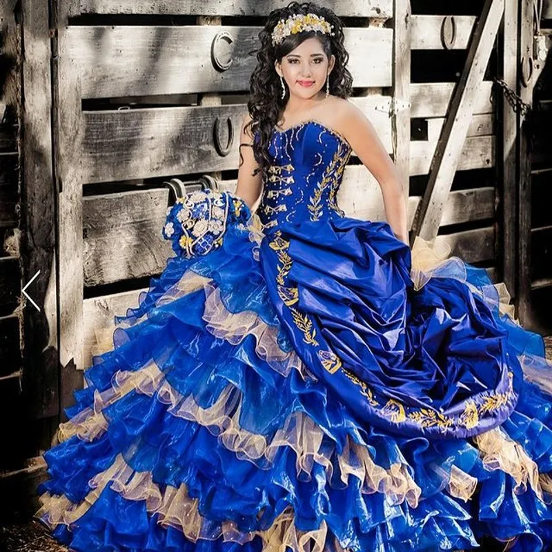 Misquincy Royal Blue Quinceaneraドレスビーズ恋人刺繍甘い16ドレスオーガンザフリルスカートvestidos de xvaños