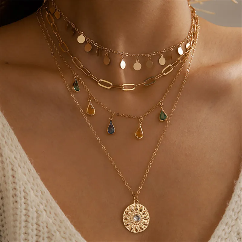 Fahion Multilayer Rhinestone Pendant Necklaces For Women Party Alloy 18K Gold Plated Heart Star Moon Water Drop Silver Short Chokers Necklace Jewelry Gift