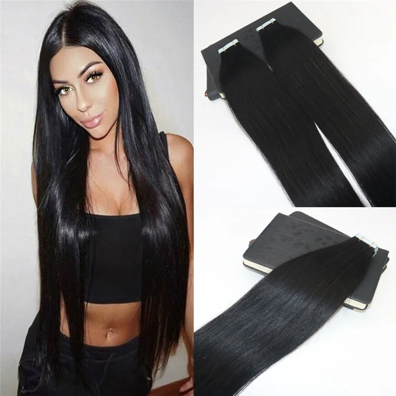 Seamless tejp i mänskliga hårförlängningar # 1b Naturlig färg Remy Skin Weft Remy Hair Extensions Slik StraighGT Adhesive Tape In Extensions