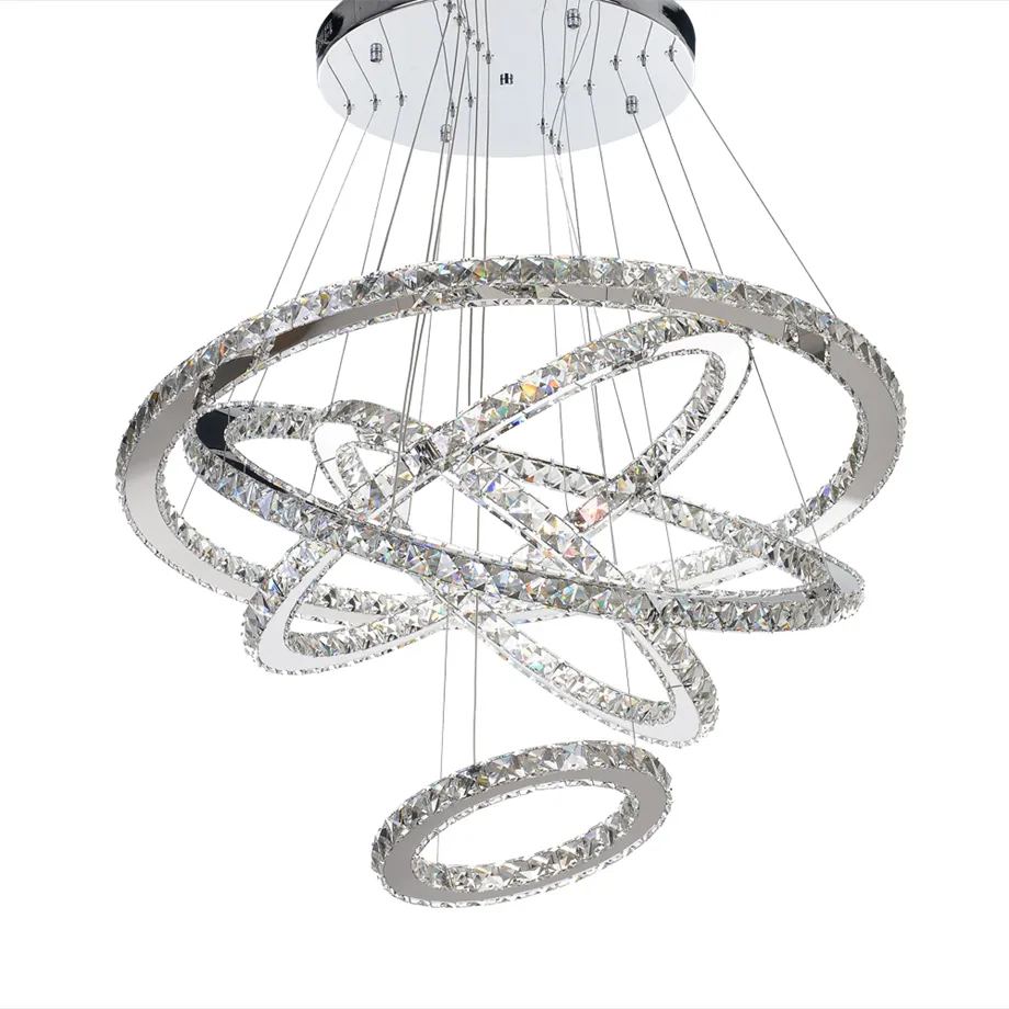 Nordisk ljuskrona Light Fixture Modern Pendant Lamp Luxury Diamond K9 Crystal Rings Hängande lampa 5 Circle Chrome Chandeliers inomhusbelysning