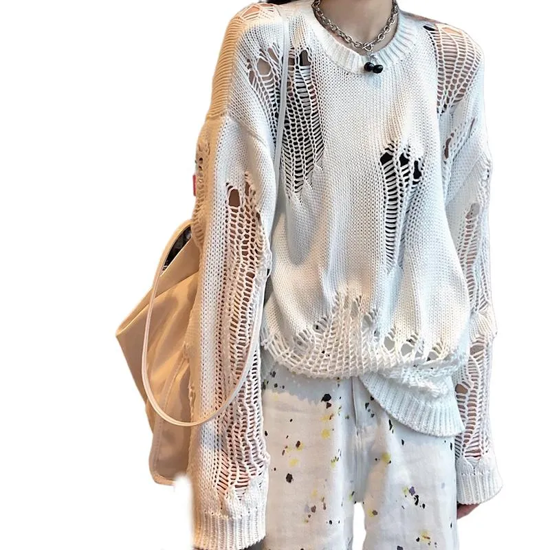 Maglioni da donna Maglione da donna strappato Punk gotico Maglione lavorato a maglia Allentato Scava fuori Pullover lungo femminile Harajuku Streetwear Mujer XC704