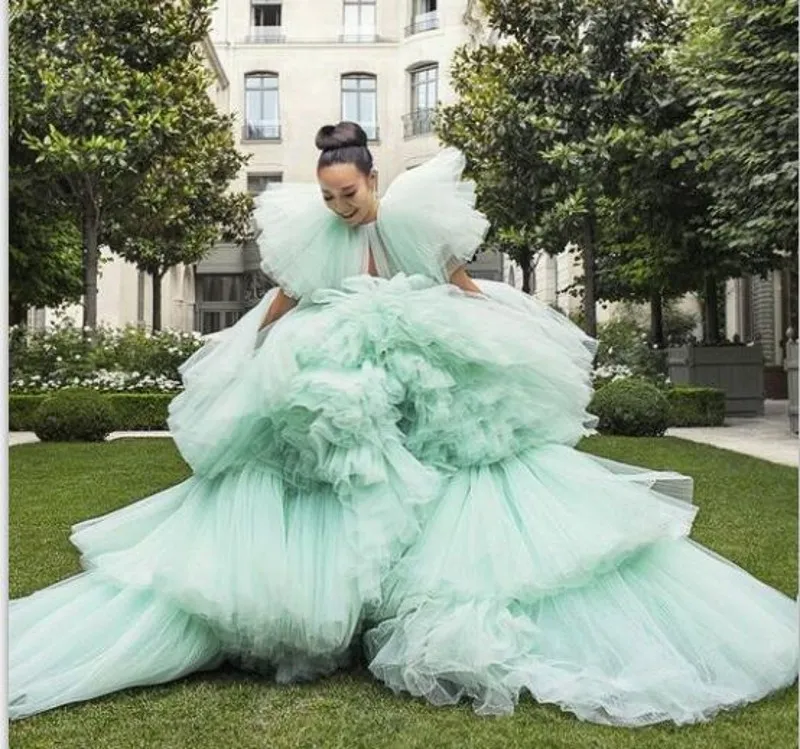 2021 Mint Green Cap Sleeve Tulle Prom Dress Puffy Ruffled Tiered Evening Gown for Pageants
