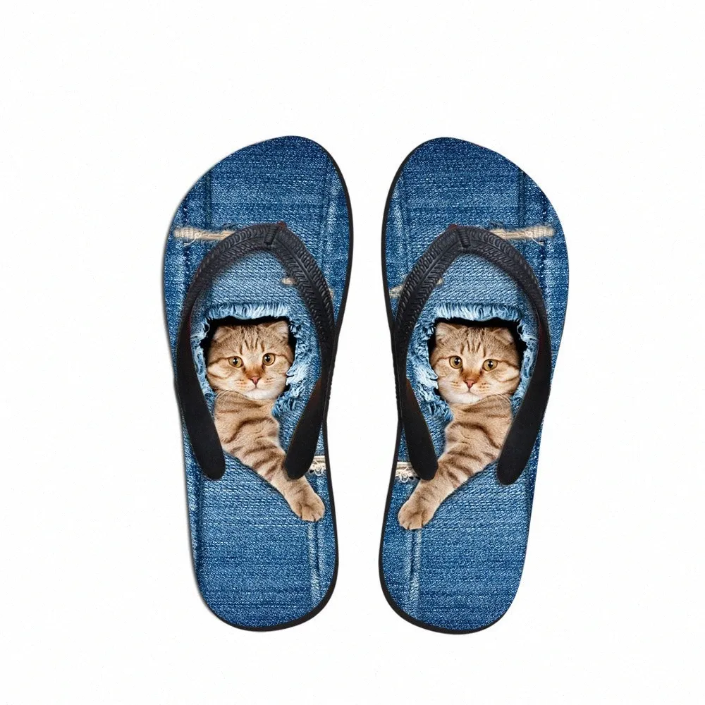 Cat Pet Denim Printed Cute Customized Women Slippers Summer Beach Rubber Flip Flops Fashion Girls Cowboy Blue Sandals Shoes 84