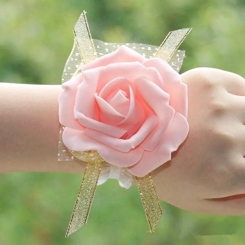 Team Bride Artificial Rose Wrist Flower Bridesmaids Hand Blommor Bröllopsgåvor för gäster Bröllopsfest gynnar leveranser