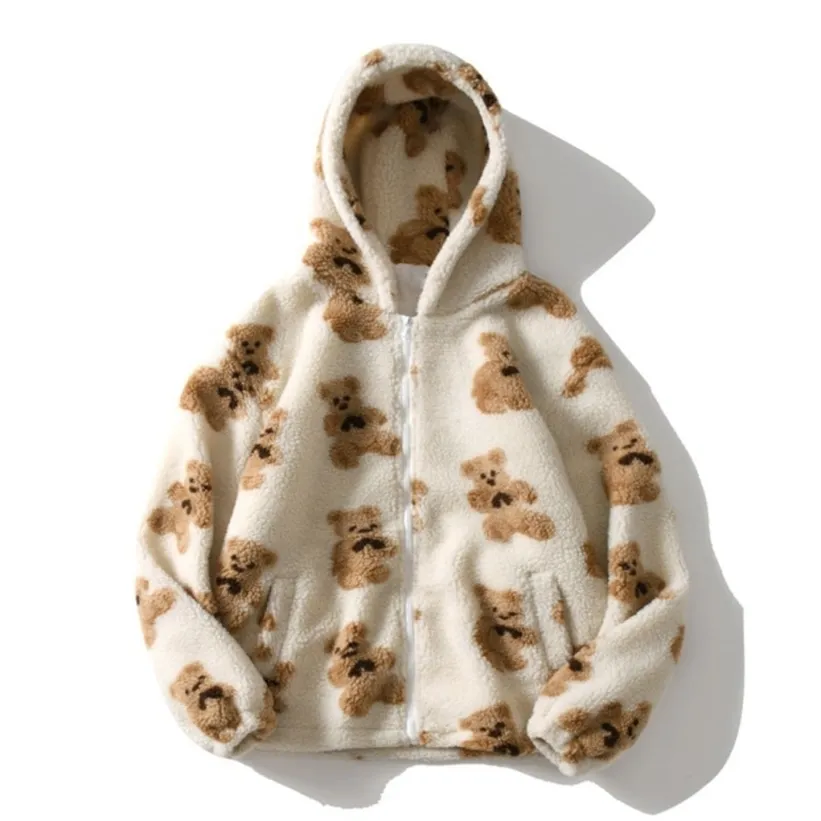 Мультфильм Bear Lamb Hoodie's Wool Couple Jacket Casual Oversize Hoodie Зимние теплые топы Женская толстовка Симпатичные плюшевые пальто 220314