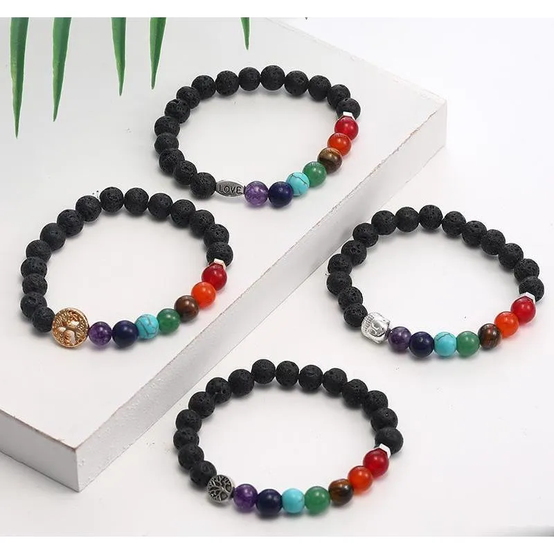 handmade 8mm 7 chakras natural lava stone beads bracelet for men buddha head tree of life owl elephant charm bracelet fashion jewelry