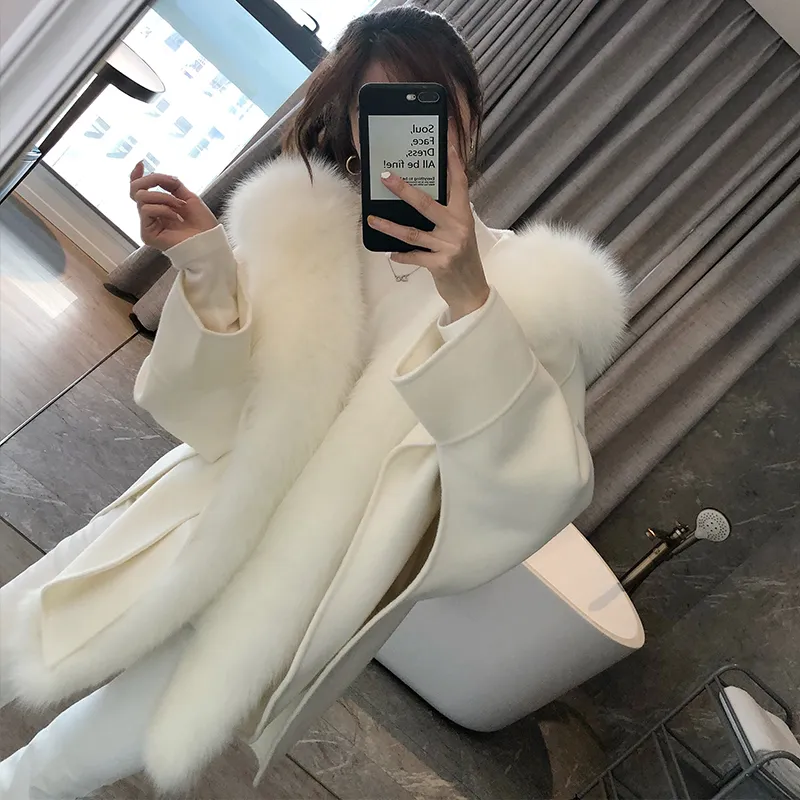 Oftbuy 2020 Casual Vinterjacka Kvinnor Naturlig Real Fox Fur Collar Cashmere Ullblandningar Ytterkläder Coat Streetwear Loose Cloak