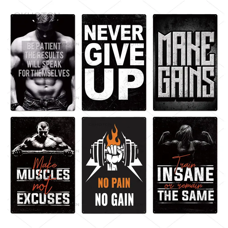 2021 Grappige Gym Shop Muur Til Sign Metalen Poster Plaque Never Give Up Metal Work Out Wall Decor voor Man Cave Gym Tin Sign Decoratieve plaat