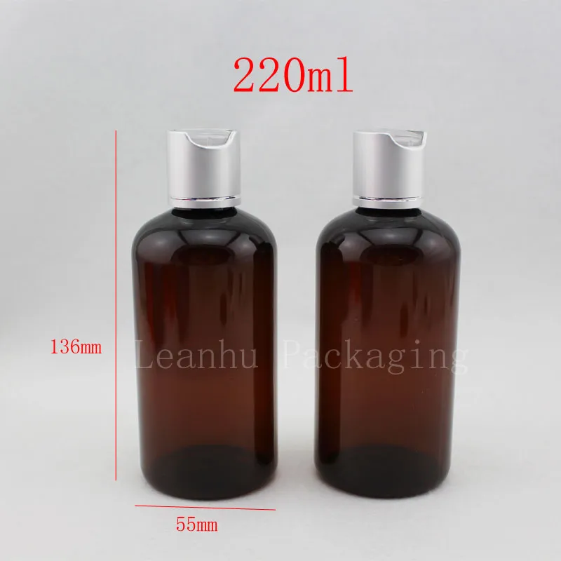 30 pz/lotto, 220 ml di capacità vuota rotonda marrone tappo superiore del disco bottiglia di plastica per le donne, coperchio del contenitore del sapone liquido, commercio all'ingrosso