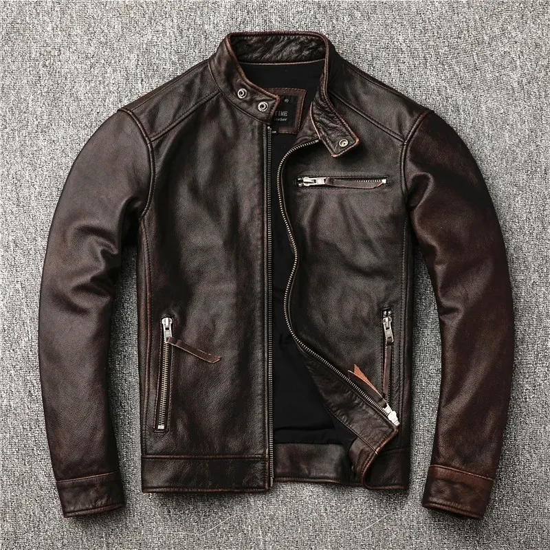 Kostenloser Versand. Klassischer Motorstil, Vintage-Jacke aus echtem Leder, brauner Ledermantel für Modemänner, Straßenradfahrermantel, Verkauf LJ201029