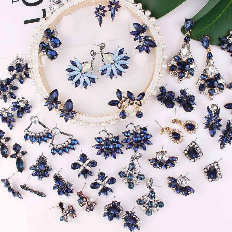LUBOV 32 sortes géométrique cristal bleu pierre Piercing boucles d'oreilles couleur or métal boucles d'oreilles à la mode femmes fête bijoux G220312