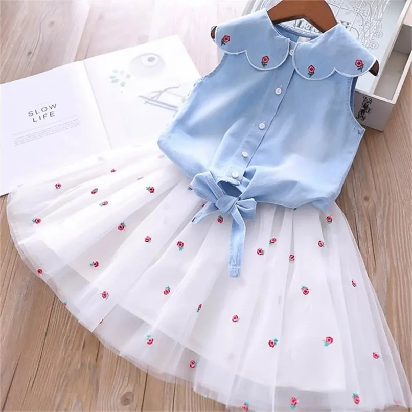 Summer Girls' Clothing Sets Denim Flower Embroidered Lapel Top+Net Yarn Skirt 2PCS Suit Princess Baby Kids Children Clothes 220307