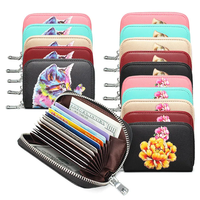 HBP 6 Hight Quality Mode Frauen farbenfrohe Blumen- und Katzenkreditkartenhalter RFID Kartenkoffer Real Leder Mini Wallet