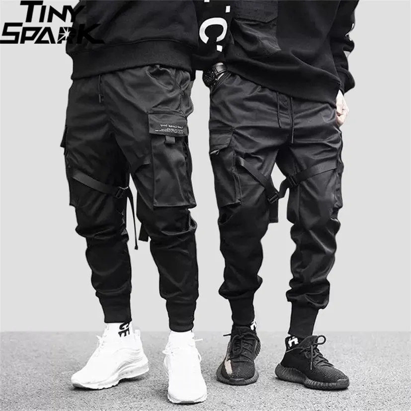 Hip Hop Cargo Pants Pockets Men Streetwear Harajuku Joggers Hiphop Swag Ribbion Harem Fashion Casual Trousers 220118