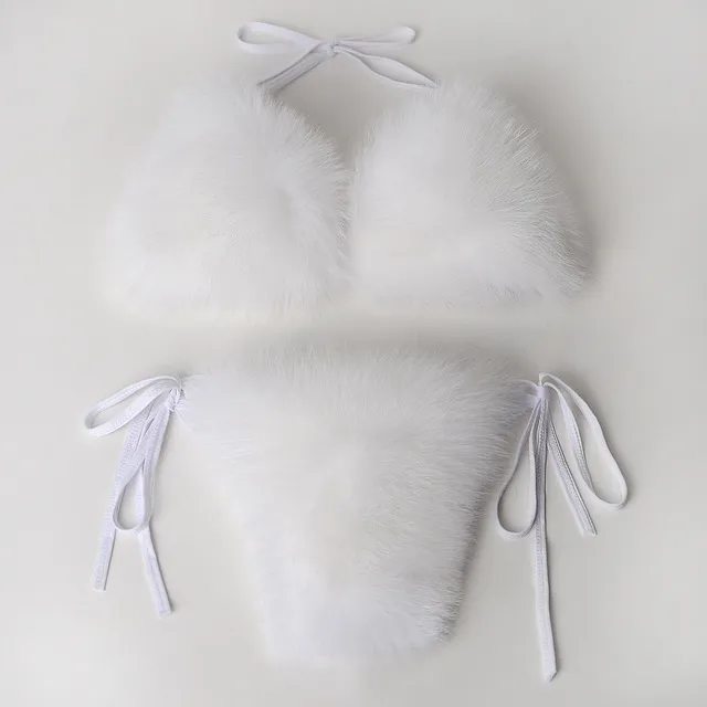 Women Fur Bra Set Woman Fluffy Furry Slides Fur Bikini Fluffy Boa