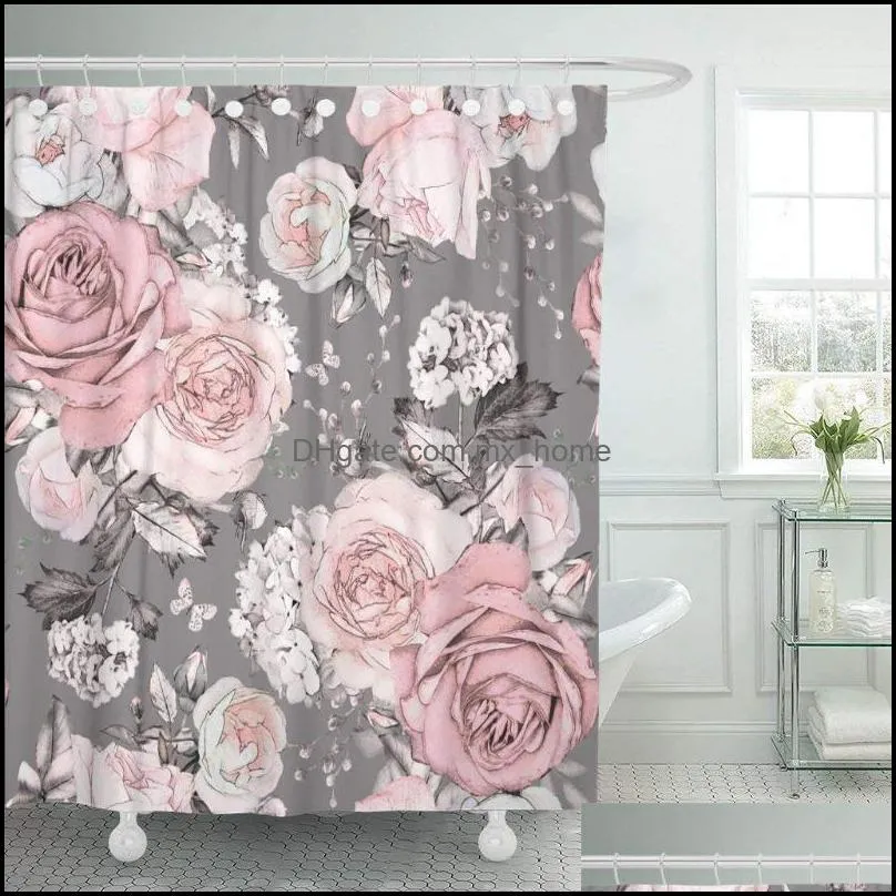 Pink Flowers and Leaves on Gray Watercolor Floral Pattern Shower Curtain Waterproof Polyester Fabric 72 x 72 Inches with Hooks