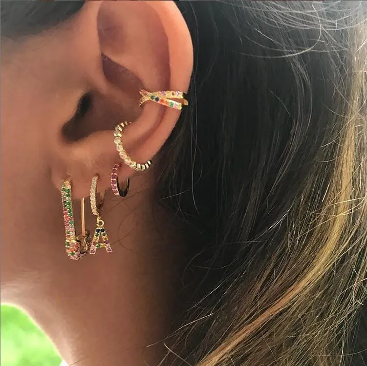 Rainbow Fashion Women hoop Earring Latest New Design Safety Pin Shape Ear Wire Gold Plated Trendy Gorgeous Women Jewelry