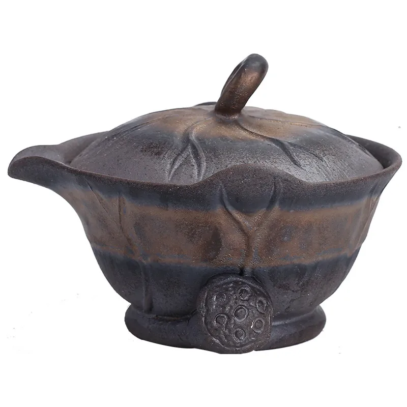 Vintage Gaiwan Lotus Leaf Hand-Held Pot Old Rock Mud Gilt Iron Glaze Handmade Coarse Pottery Teapot Tea Bowl Ceramic Tea Tureen