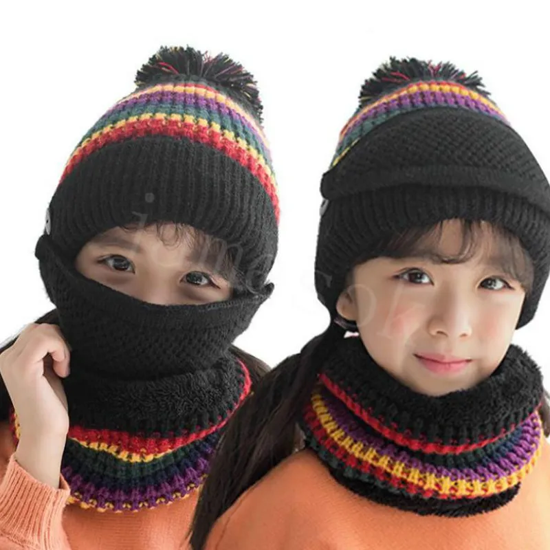 Bonnet tricoté pour enfants en peluche hiver vente chaude masque bavoir trois pièces chaleur épaisse chapeau en laine DB210