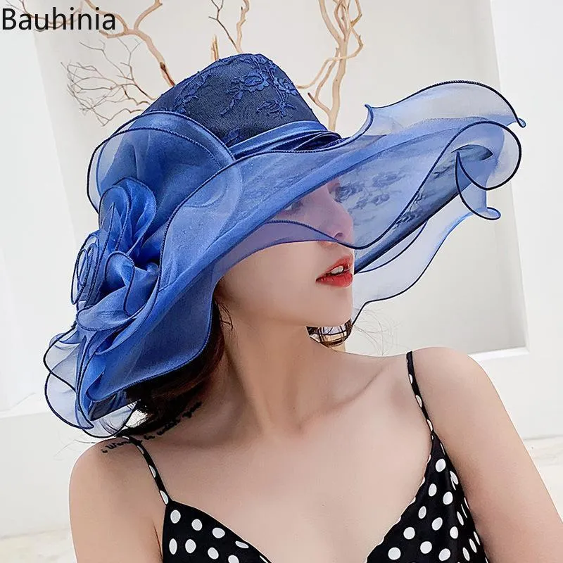 Wide Brim Hats Bauhinia Elegant Women Flower Lace Sun Hat Dress Cap Lady Summer Beach Party Wedding Hat1