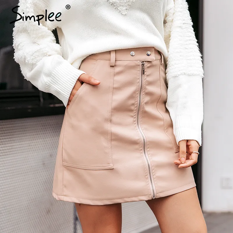 Simplee Vintage autumn leather women pencil skirt High waist zipper bodycon mini skirt Fashion pocket winter ladies streetwear T200712