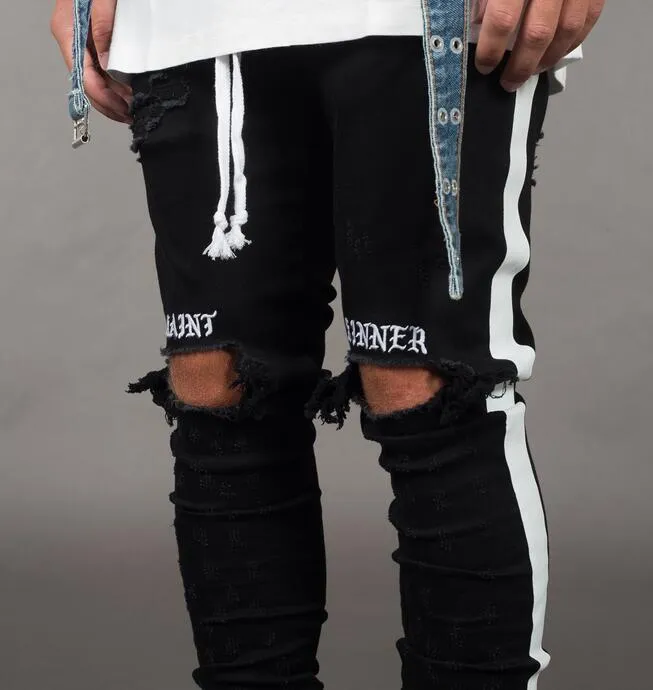 New Fashion Mens Jean Street Black Holes White Stripes Jeans Hiphop Skateboard Pencil Pants221r