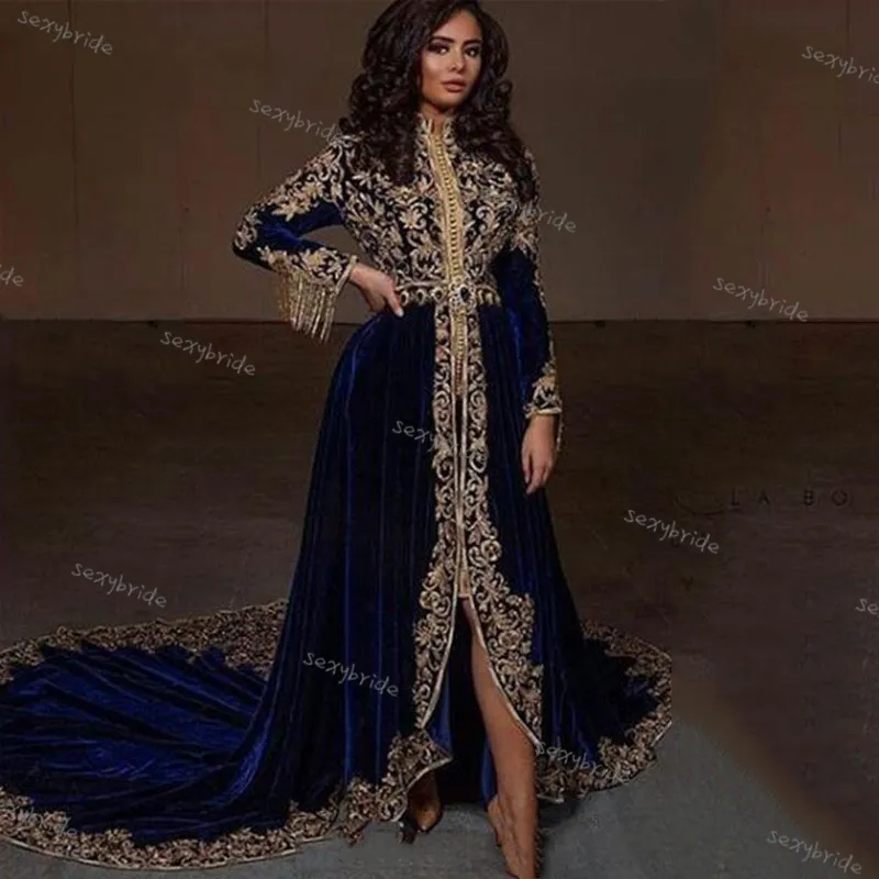 pistool Marine smeren Vintage marineblauw fluwelen kant Marokkaanse kaftan jurken avondkleding  lange mouw islamitische Dubai Saoedi-Arabische Caftan Prom