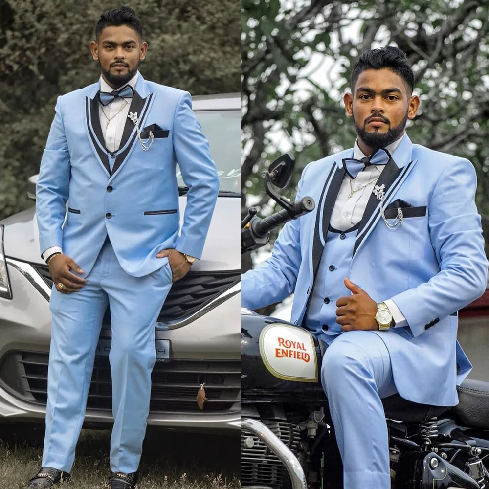 Garnitury ślubne dla mężczyzn Tuxedos Sky Blue Plus Size Groom Prom Party Business Blazer Coat Tuxedo (Kurtka + kamizelki + spodnie)