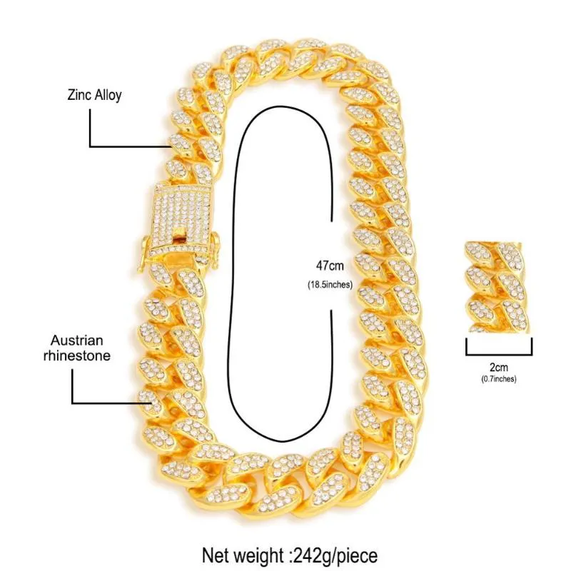 20mm Miami Cubaanse Link Chain Goud Zilver Kleur Ketting Armband Iced Out Crystal Rhinestone Bling Hip Hop Mannen Sieraden Necklaces232I