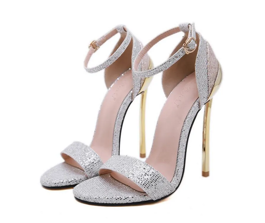 Nieuwe collectie pailletten patchwork zomer dame trouwschoenen open teen enkelriem zilver goud 14cm stiletto hakken sandalen maat 35-42
