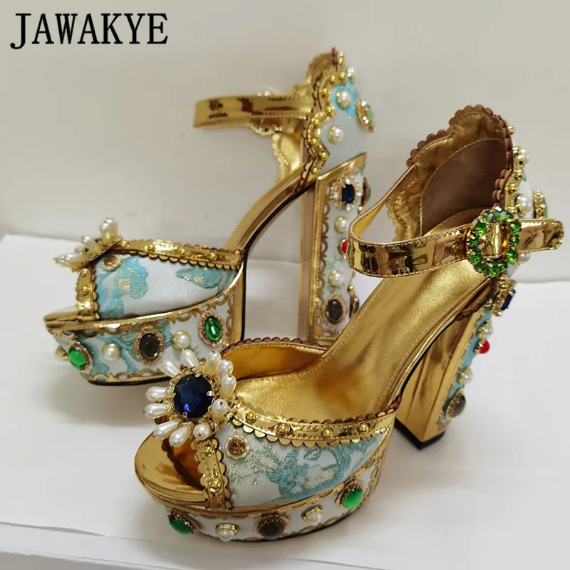 Aqua Blue Gemstone Platform Sandaler Super High Heel Metal Dekor Lyxfest Skor Kvinnor Formell Bridal Bröllop Sandaler 1010