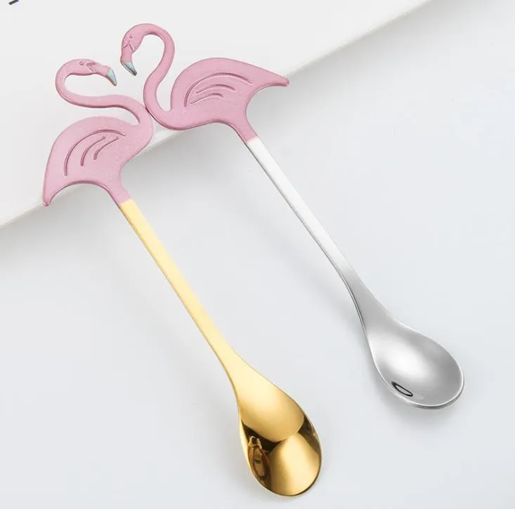 304 Stainless Steel Coffee Mixing Spoon Long Handle Flamingo Spoons Flatware Titanium Coating Baking Paint Coffee-Drinking Tools Kitchen Gadget SN2917