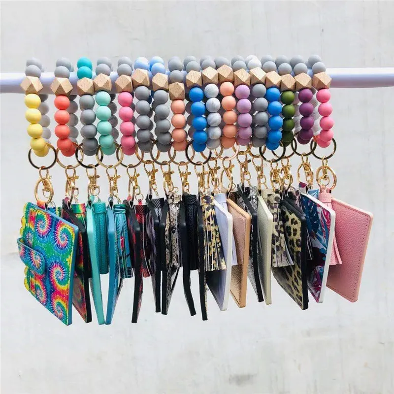 Multi-functional Wristlet Bracelet Keychain ID Card Holder PU Bangle Key Ring Purse Credit Pocket Tassel for Women Wallet Silicone Bead keyring Beaded with Elastic