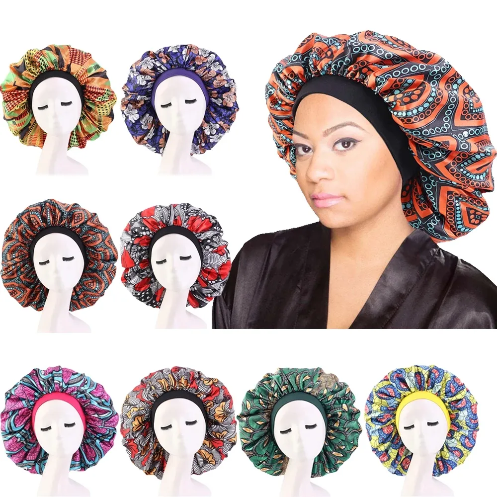 Large Satin Sleep Cap Night Hat African Women Print Hair Bonnet Indian Turban Wide Band Nightcap Head Scarf Beanies Shower Caps
