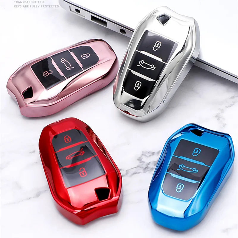 Coque clé,Étui pour clé de voiture en cuir, coque pour Peugeot citroën C4,  C4L, C4L, C6 308, accessoires pour 408, 508 - Type blue