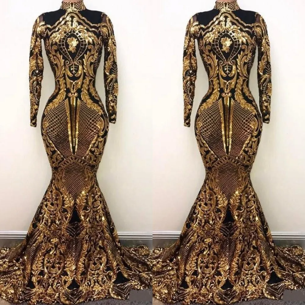 2021 Bling Luxury Long Sleeves Evening Dresses Wear Mermaid High Neck Holidays Graduation Wear Black Gold Sequins Prom Party Gowns Custom