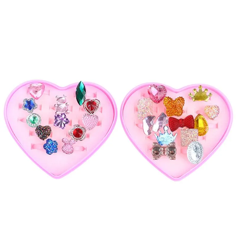 Anelli a grappolo 10/12 pz/set Cartone Animato Per Bambini Per Ragazze Anello Set Dito Gioielli Cuore Casella di Visualizzazione Giocattolo Per Bambini Regalo