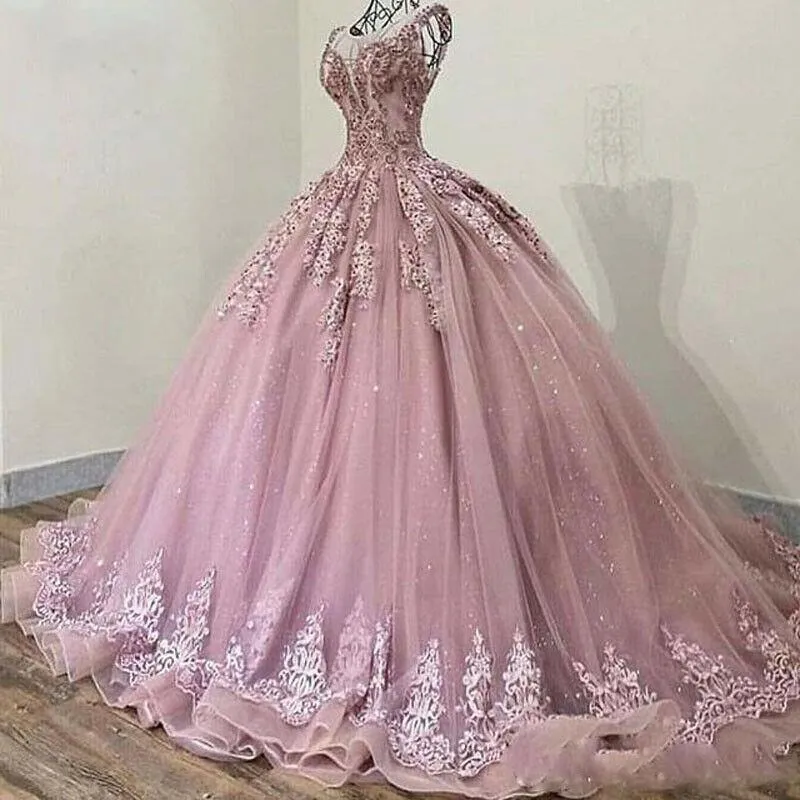Stoffige roze quinceanera -jurken 2021 gillter pailletten kralen kanten applique tule bal jurk zoet 16 verjaardagsfeestje prom formal ocn slijtage