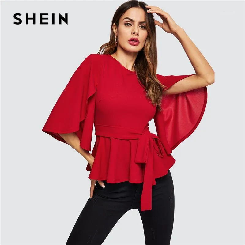 Blusas Femininas Camisas Shein Red Split Floared Meia Manga Belted