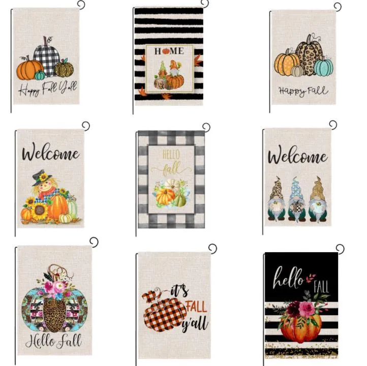 47 * 32cm Thanksgiving Banner Flaggor Linne Höst Garden Flag Hello Fall Dubbelsidig Mönster 27 Stil Sn4833