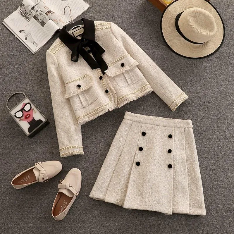 Work Dresses High Quality Casual Tweed 2 Piece Set Women Crop Top Jacket Coat + Pleated Skirts Sets Small Fragrance Vintage Two Suits