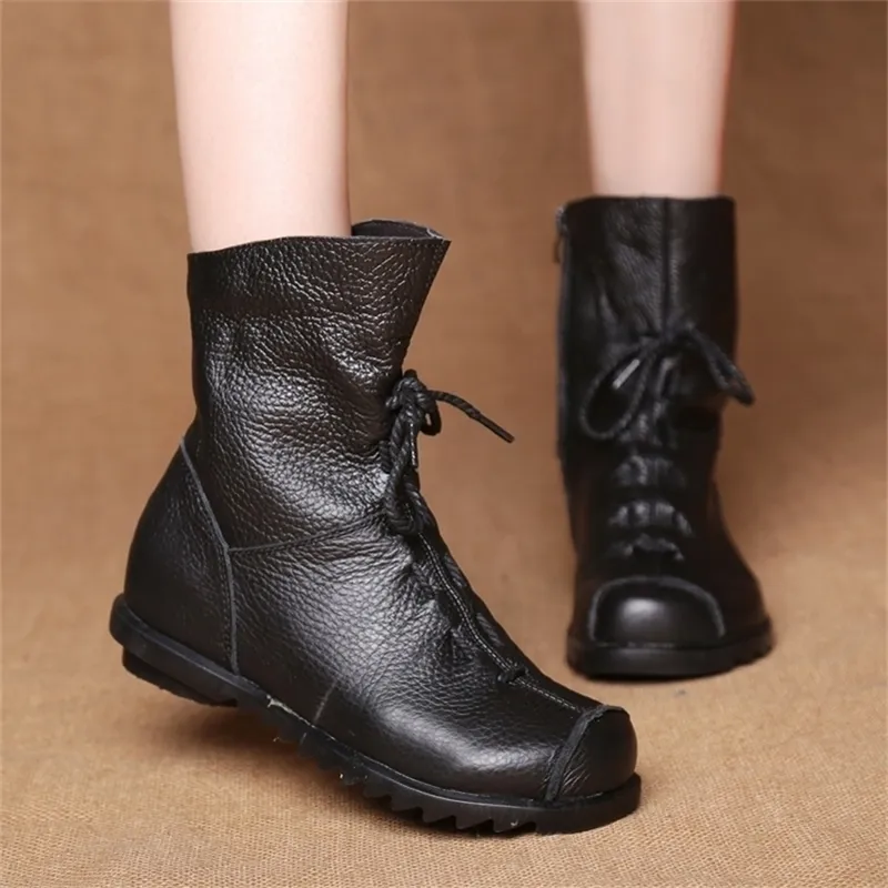 Chaussures plates en cuir véritable à enfiler chaud pour femmes hiver dames à talons bas bottines chaussures rétro Y200915
