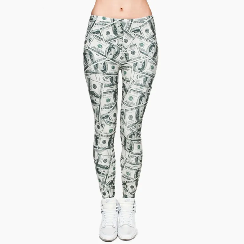 Stretchy Slim Fit Womens Money Dollar Graphic Printed Leg Dollar